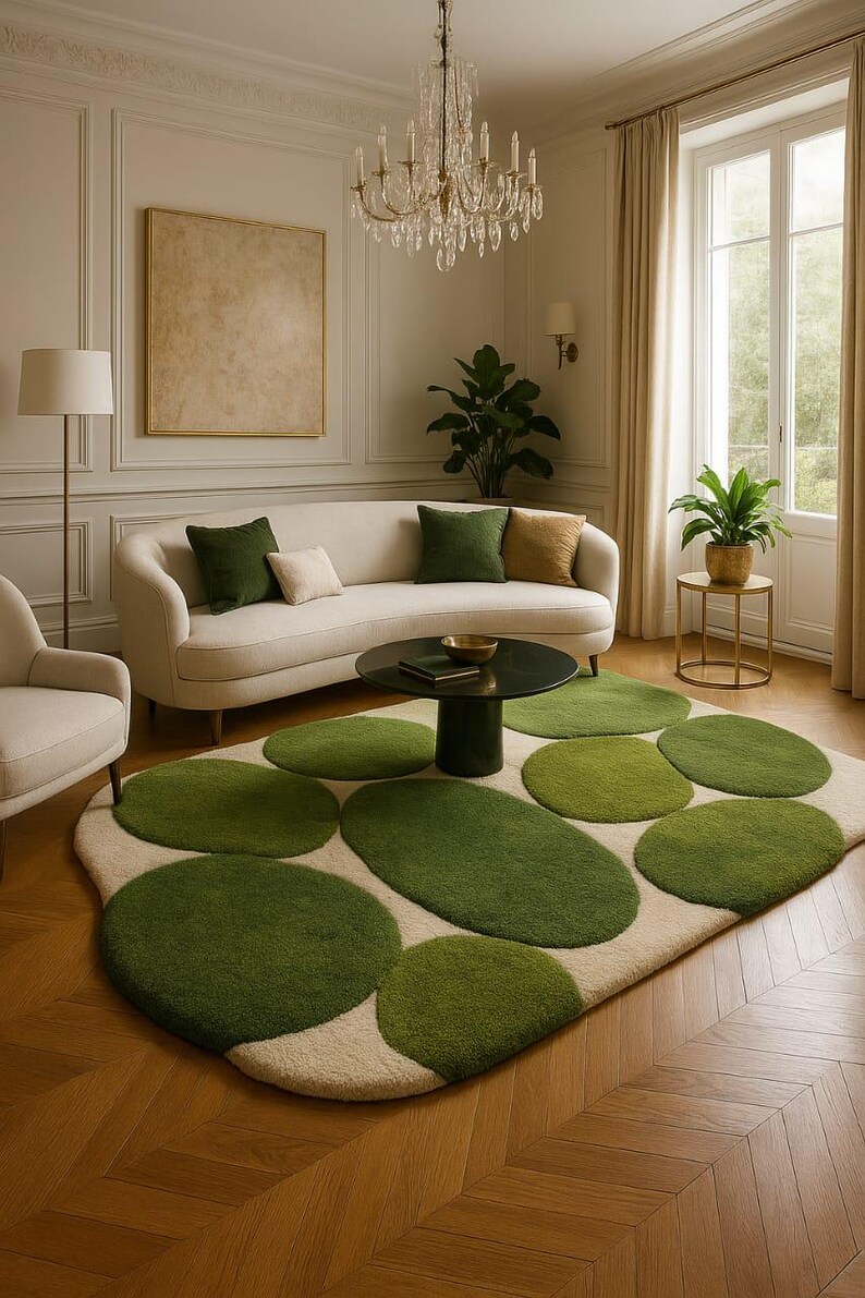 May include: A stylish living room with a cream sofa and green cushions. A black coffee table rests on a rug with green, organic shapes. The room is lit by a chandelier and a floor lamp. The window has beige curtains.