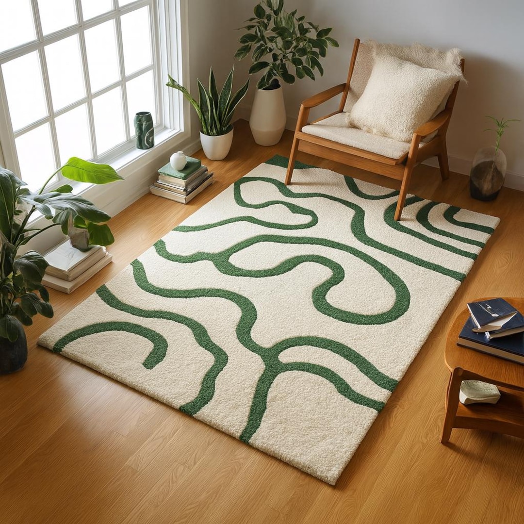 Modern Green & White Abstract Line Art Rug – Soft Tufted Accent Carpet ...