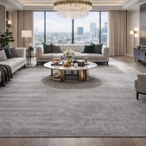 Puede incluir: Un lujoso salón con una gran alfombra gris, dos sofás de color claro y una mesa de centro redonda de mármol. La habitación cuenta con grandes ventanales, una lámpara de araña y un moderno mueble de entretenimiento. Cojines decorativos y una manta añaden elegancia.