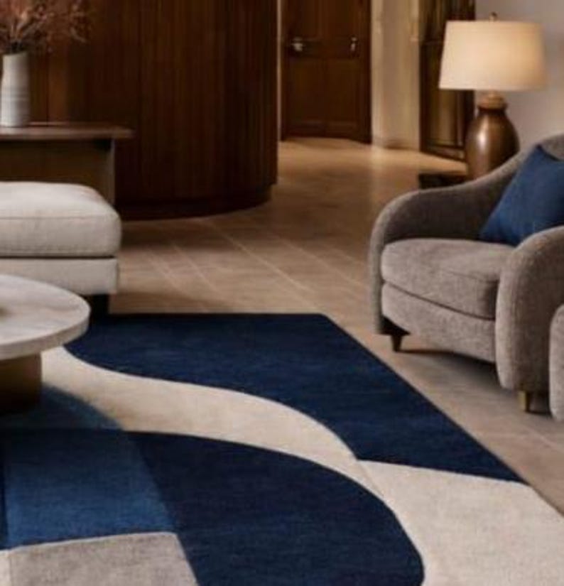 Modern Abstract Blue & Beige Area Rug, Curved Pattern Carpet, Luxury ...