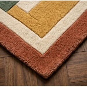 May include: Close-up of a geometric patterned rug with a textured surface. The rug features a color block design with shades of rust, cream, gold, and green. The rug is placed on a wooden floor.