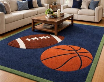 Sports Rug for Kids Room – Football & Basketball Design – Blue Green Playroom Carpet – Bedroom Decor