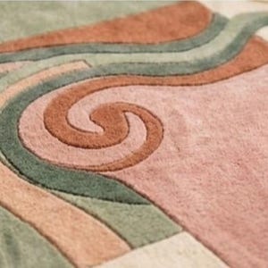 May include: Close-up of a colorful area rug with an abstract design. The rug features a swirl pattern in shades of brown, pink, green, and beige. The rug has a soft, textured appearance, suggesting a comfortable and decorative floor covering.