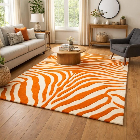 Handgefertigter Zebra Muster Teppich 150x250 Orange Weißer Teppich Moderne Teppich Wohnzimmer Dekor Teppich