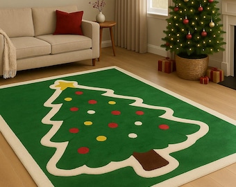 Hand Tufted Christmas Tree Green White Rug 5x8 Festive Living Room Bedroom Area Carpet