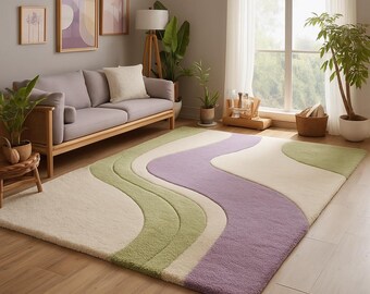 Modern Wavy Area Rug – Cream, Sage  and  Lavender | Soft Textured Carpet for Living Room,