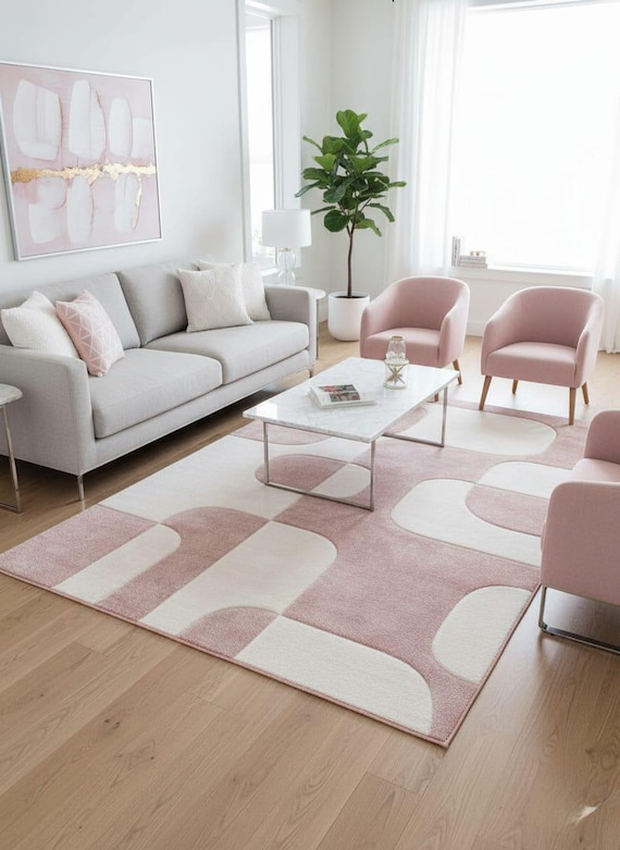 Hand getuftet rosa weißer Wollteppich 200x300 Modernes abstraktes Schlafzimmer Wohnzimmer Bereich Teppich