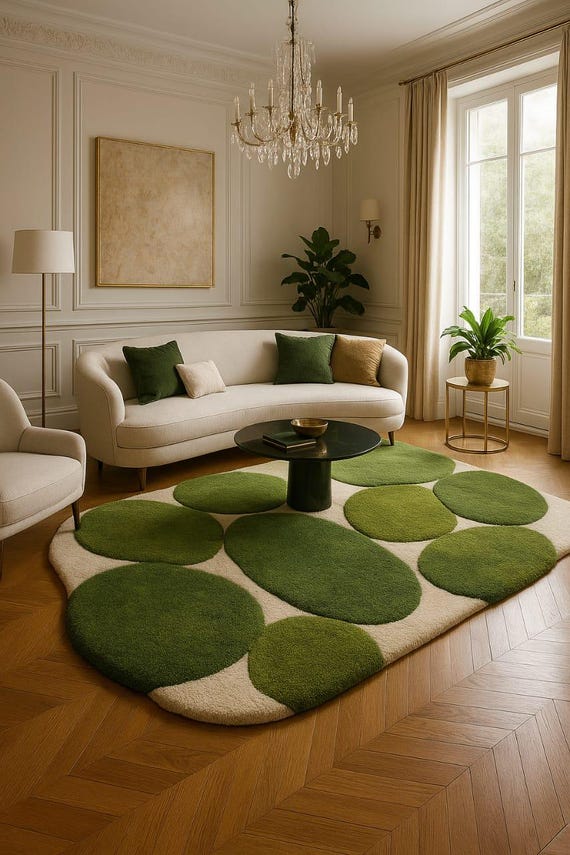 Green Oval Organic Rug – Modern Art-Inspired Area Rug for Living Room, Soft & Stylish Carpet.