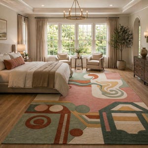 May include: A bedroom with a large bed, two armchairs, and a patterned rug. The rug features geometric shapes in shades of pink, green, orange, and yellow. The room has large windows, a chandelier, and a wooden dresser.
