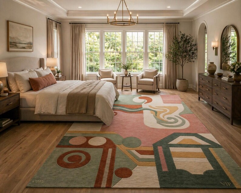 May include: A bedroom with a large bed, two armchairs, and a patterned rug. The rug features geometric shapes in shades of pink, green, orange, and yellow. The room has large windows, a chandelier, and a wooden dresser.