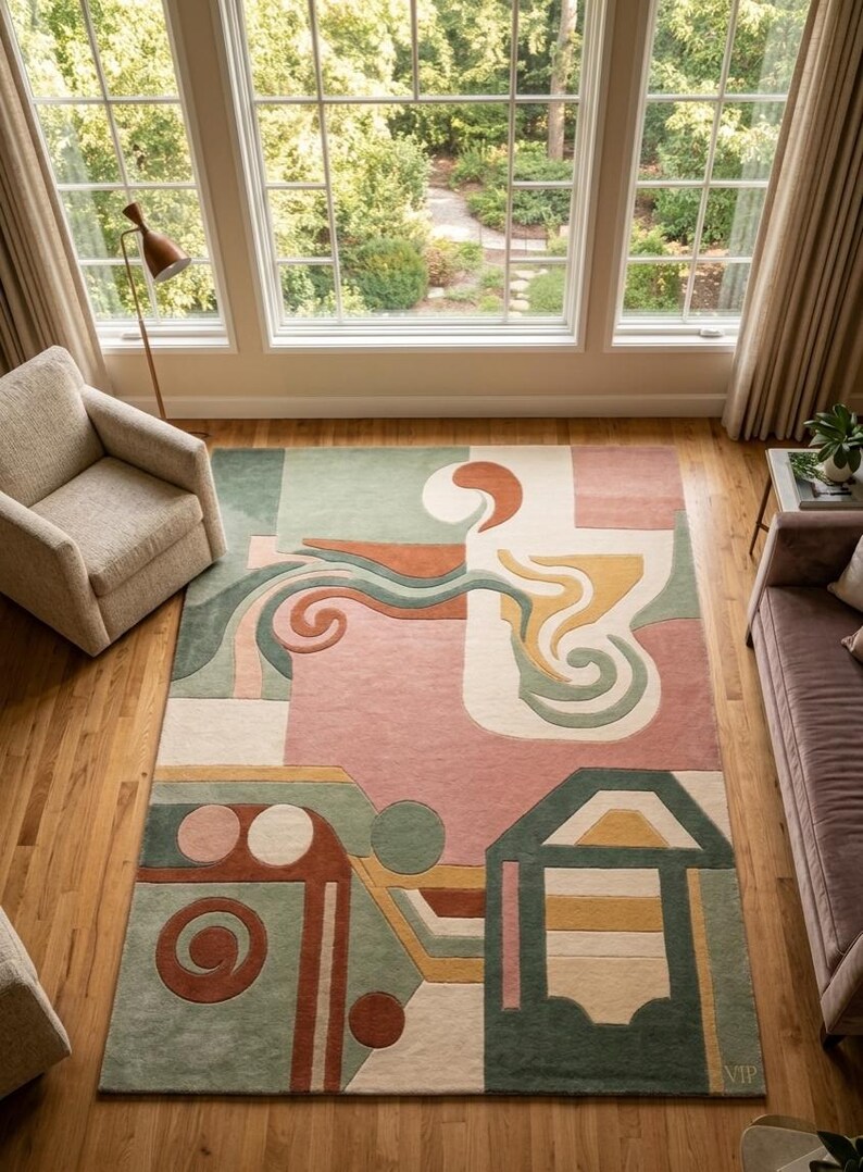 May include: A large, rectangular area rug with an abstract design in shades of pink, green, orange, and cream. The rug features geometric shapes and swirling patterns, creating a modern and artistic look. The rug is placed on a hardwood floor.