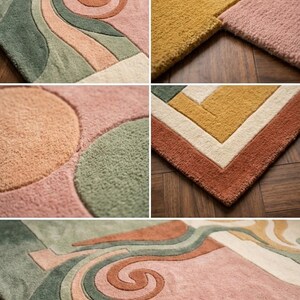 May include: A collection of colorful rugs with geometric and abstract designs. The rugs feature a variety of colors, including pink, green, orange, and yellow. The textures of the rugs are visible in the close-up shots, showcasing the soft, plush material.