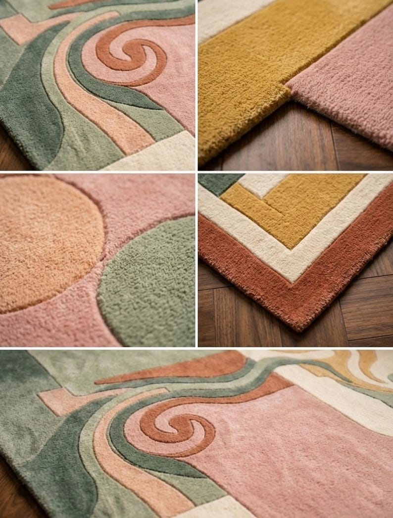May include: A collection of colorful rugs with geometric and abstract designs. The rugs feature a variety of colors, including pink, green, orange, and yellow. The textures of the rugs are visible in the close-up shots, showcasing the soft, plush material.