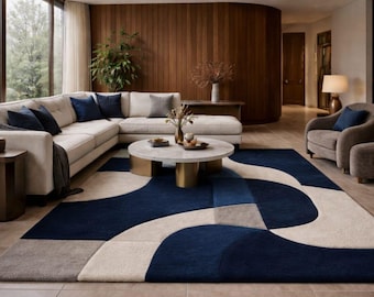 Modern Abstract Blue & Beige Area Rug,  Curved Pattern Carpet, Luxury Living Room, home decor