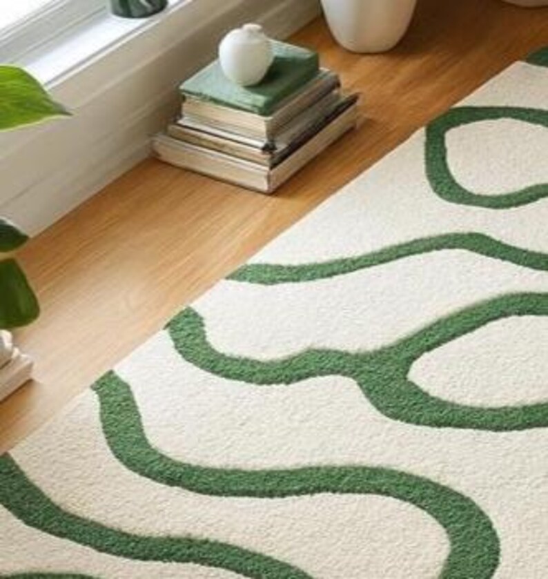 Patterned Green Rug Abstract Design Modern Green & White Abstract Line Art Rug – Soft Tufted Accent Carpet ...