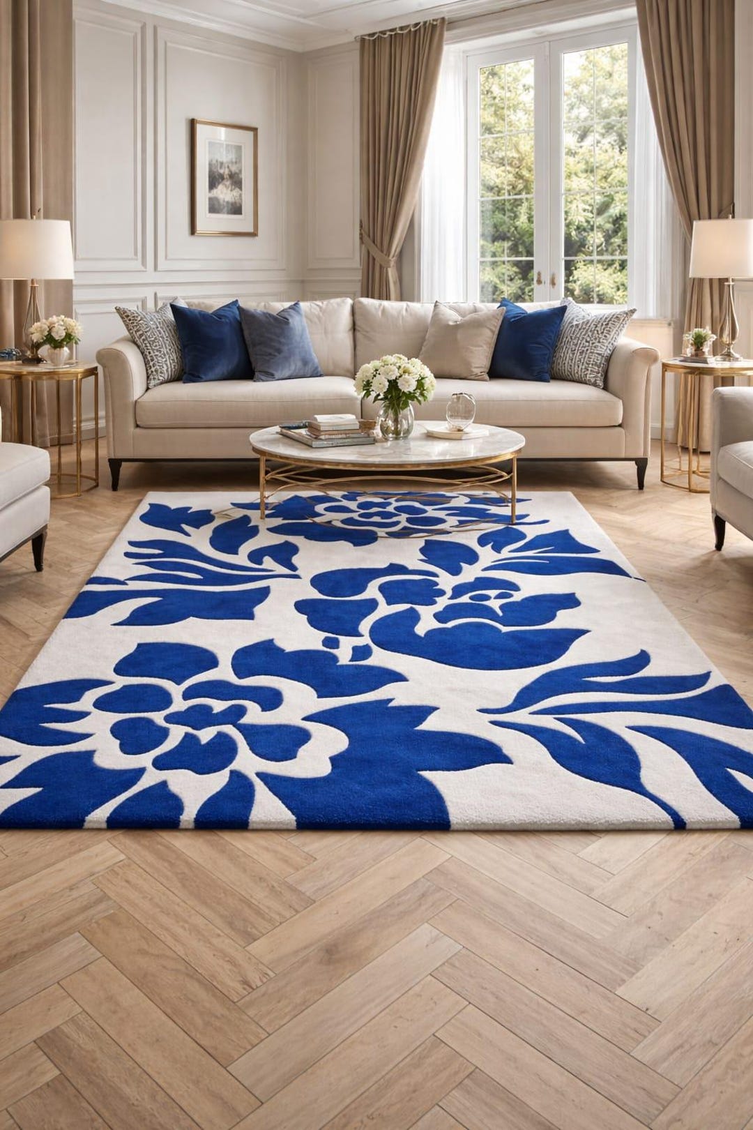 Royal Blue Floral Area Rug Modern Elegant Living Room Bedroom Luxury ...