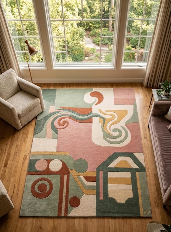 Handmade Tufted Multicolor Geometric Abstract Rug 5x8 Modern Artistic Living Room Carpet Design