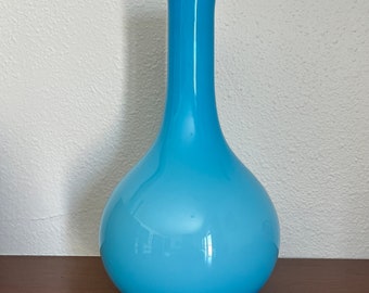 Hand blown large glass vessel opal blue Long neck