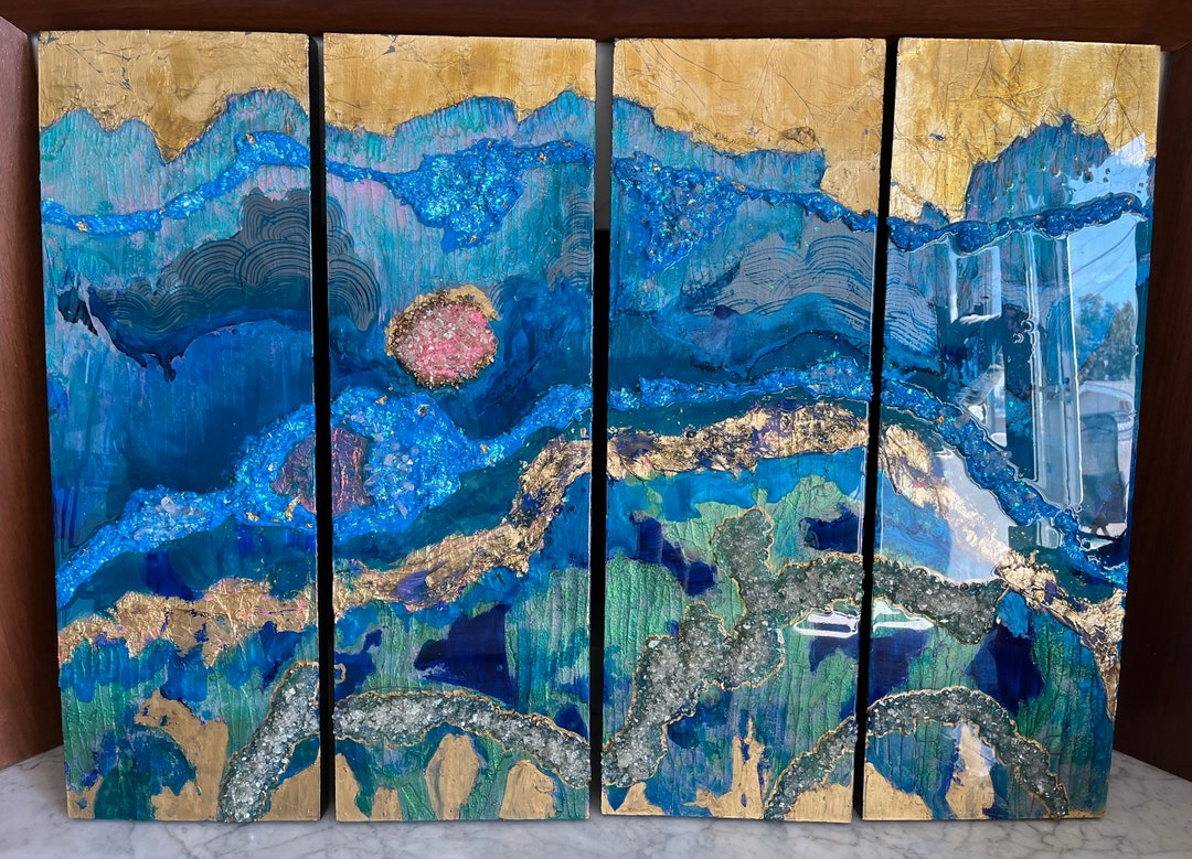 Catalina Mixed Media Resin Painting on 4 Panels. Etsy