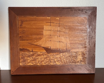 Vintage ship, wood inlay wall art