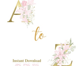 Flower Alphabet SVG, Gold Floral Alphabet Svg, Gold Alphabet Svg, Cut Files for Cricut and Silhouette, Floral Letter Svg, Jpg, Png