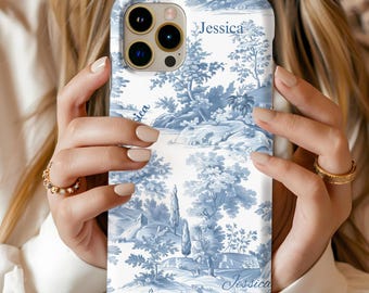 Gepersonaliseerde Samsung, iPhone-hoesje | Stevige, stevige, MagSafe iPhone- en Samsung-hoesjes | Blauw Toile De Jouy-telefoonhoesje | iPhone 15 14 13 S24 Ultra-hoesje