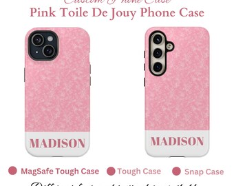 Gepersonaliseerde Samsung, iPhone-hoesje | Stevige, stevige, MagSafe iPhone- en Samsung-hoesjes | Roze Toile De Jouy-telefoonhoesje | iPhone 15 14 13 S24 Ultra-hoesje