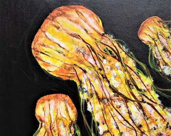 Vibrant Original Three Jellyfish Painting | Deep Sea Ocean Art