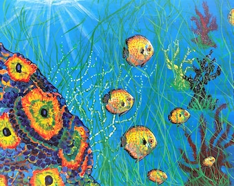 Original Acrylic Oil Painting | Undersea Flowers and Fish Coral Reef Wall Art