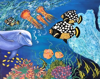 Dolphin Undersea Acrylic Oil Painting on Canvas