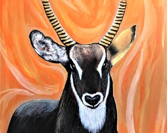 Original Sable Antelope Painting | Fiery Orange Background | Heart Face Wildlife Art