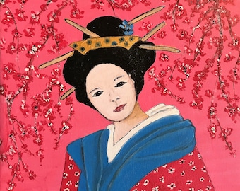 Cherry Blossom Geisha | Original Painting | Reiki Healing Art | Japanese Wall Decor