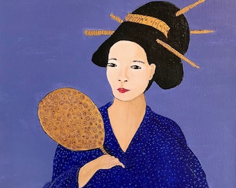 Original Geisha Painting with Fan | Reiki Healing Art | Elegant Japanese Wall Decor