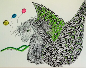 Zentangle Pegasus Art Print | Green Doodle Illustration | Mythical Horse Wall Decor