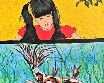 Original Girl and Koi Fish Painting | Reiki Healing Art | Spiritual Energy Empowered Wall Decor