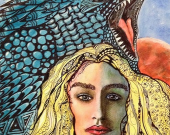 MOTHER OF DRAGONS Doodle Art | Game of Thrones Inspired Watercolor Drawing 11x14