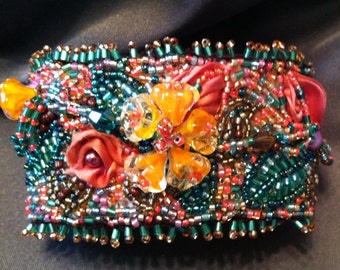 Beaded Statement Cuff | Shibori Silk & Crystal Flower Bracelet | Tibetan Love Amulet