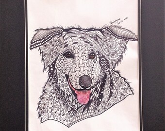 Original Zentangle Dog Doodle Art | 11x14 Ink & Watercolor Drawing | Matted