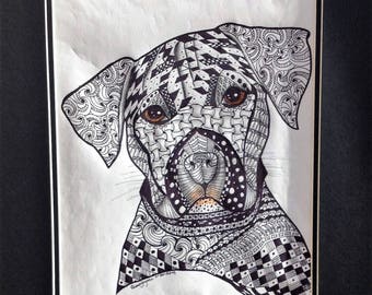 Original Doodle Dog Drawing | 11x14 Sharpie Watercolor Art with Black Matting