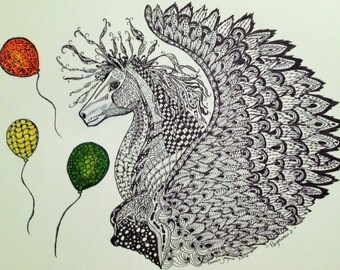 Zentangle Pegasus Art Print | Black and White Doodle Illustration | Detailed Mythical Horse