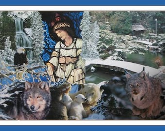 ANIMALS IN SNOW | Unique 20x30 Handmade Collage | Angel, Polar Bear & Lynx | Energy Infused Art