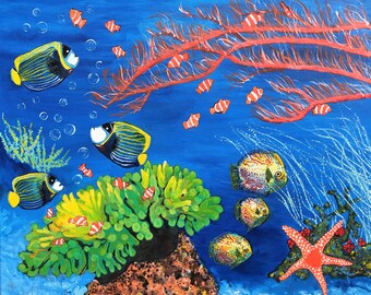 Original Clownfish Seascape Painting | Reiki Healing Art | Vibrant Undersea Wall Decor