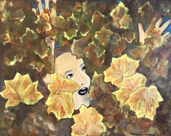 Award-Winning Original Portrait Painting | Autumn Leaves & Face Art | 16x16