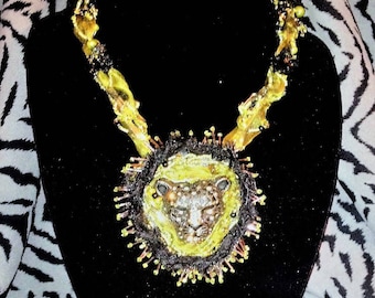 BLACK LEOPARD Statement Necklace | Free-Form Beaded Embroidery & Wired Ribbons