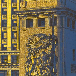 May include: A close-up of a building with a large stone sculpture of a winged figure holding a flag. The building is decorated with yellow and blue accents and the text "CITY OF CHICAGO" is visible at the top.