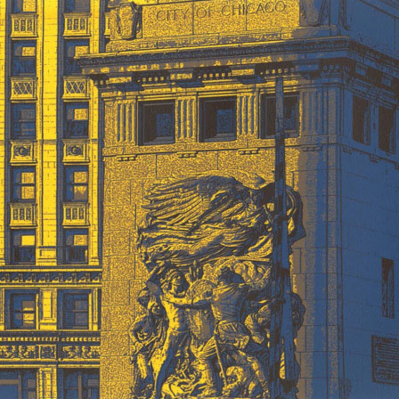 May include: A close-up of a building with a large stone sculpture of a winged figure holding a flag. The building is decorated with yellow and blue accents and the text "CITY OF CHICAGO" is visible at the top.