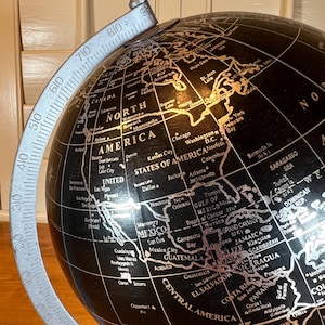 Black 8-Inch World Globe with Silver Details, Polished Nickel Stand