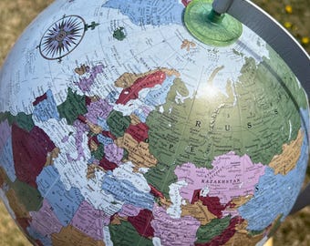 Vintage Repogle 12" Platinum Classic Globe, Silver Base Meridian, Soft Blue Oceans