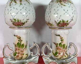 Set of 2 Limoges China Floral Fairy Lamps, Gold Trimmed Pierced Lattice