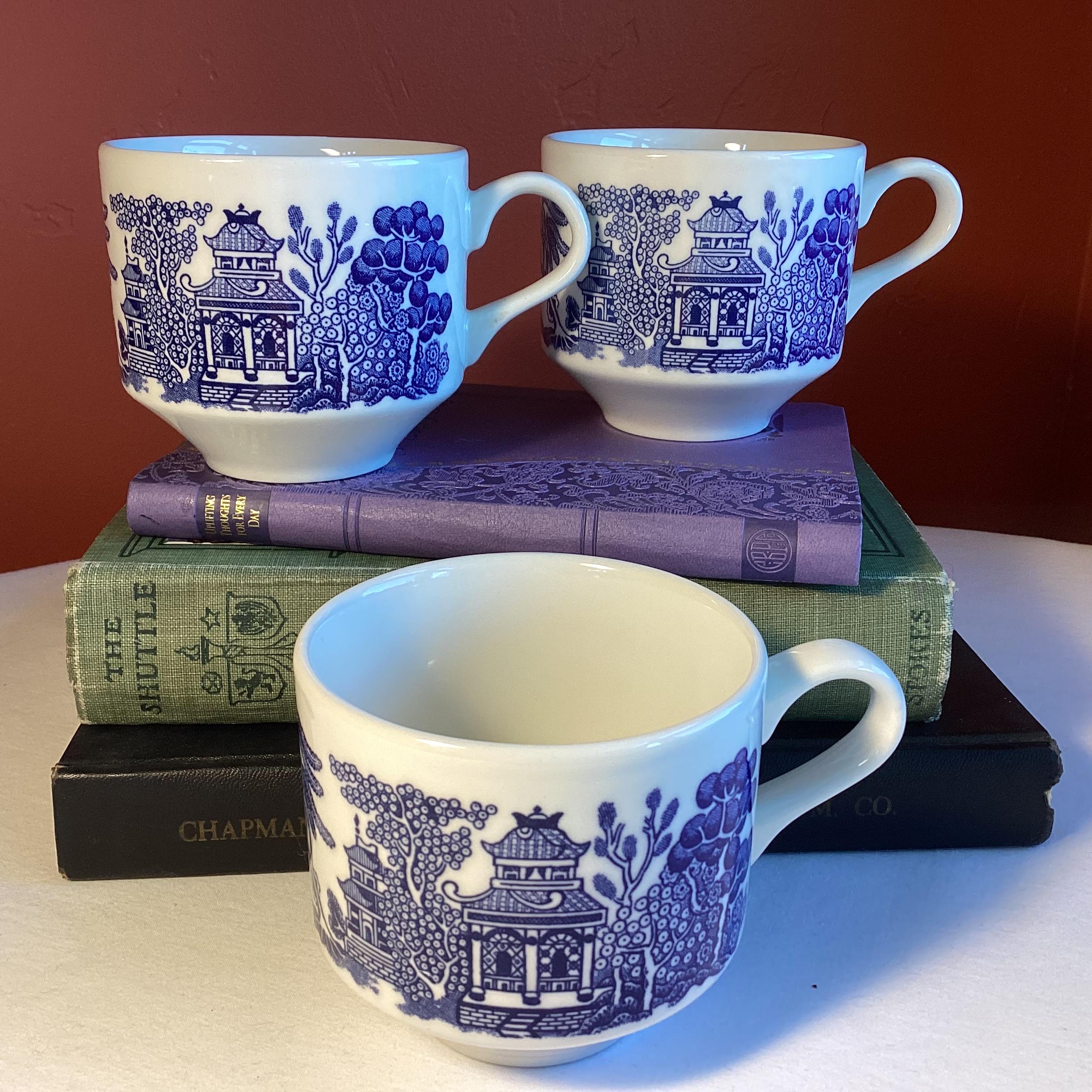 Churchill Blue Willow Teacups (set of 3) - Chinoiserie Bone  Churchill England Blue Willow Tea Cups Vintage Chinoiserie China Set main image 0